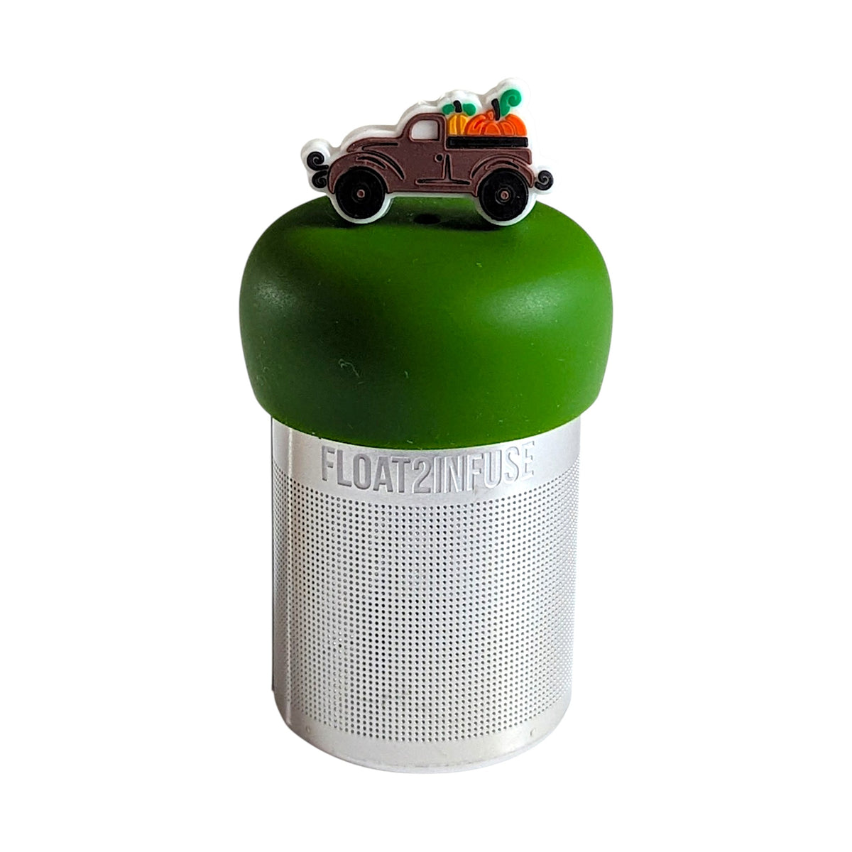 brown pumpkin truck tea infuser for loose leaf tea  with a fine mesh stainless steel tea infuser that reads FLOAT2INFUSE on a dark green base with a white background