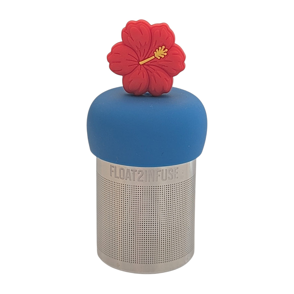 Red hibiscus tea infuser for loose leaf tea with a fine mesh stainless steel tea strainer that reads FLOAT2INFUSE on a blue base with a white background