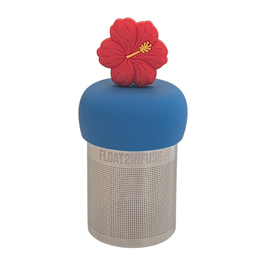 Red hibiscus tea infuser for loose leaf tea with a fine mesh stainless steel tea strainer that reads FLOAT2INFUSE on a blue base with a white background