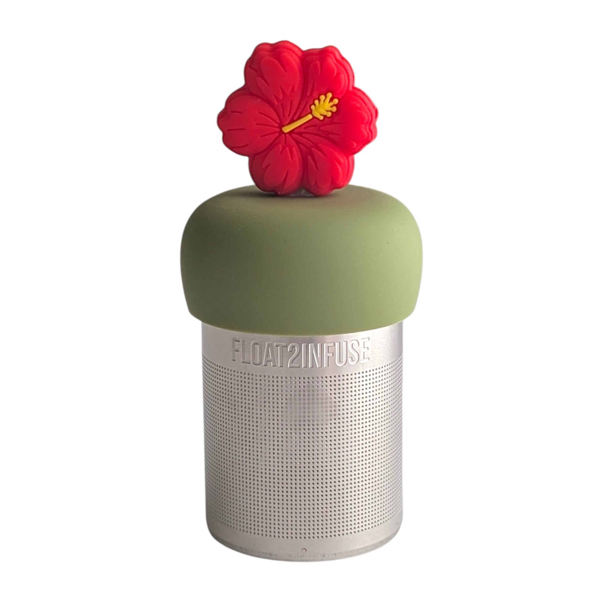 Bright red hibiscus tea infuser for loose leaf tea with a fine mesh stainless steel tea strainer 
that reads FLOAT2INFUSE on a green base with a white background

