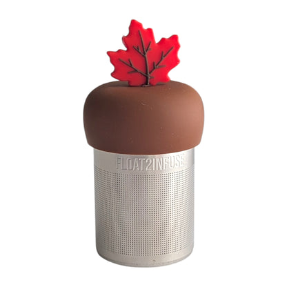 Fall red maple leaf tea infuser for loose leaf tea with a fine mesh stainless steel tea strainer 
that reads FLOAT2INFUSE on a brown base with a white background
