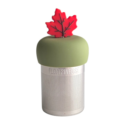 Fall Red maple leaf tea infuser for loose leaf tea with a fine mesh stainless steel tea strainer 
that reads FLOAT2INFUSE on a green base with a white background
