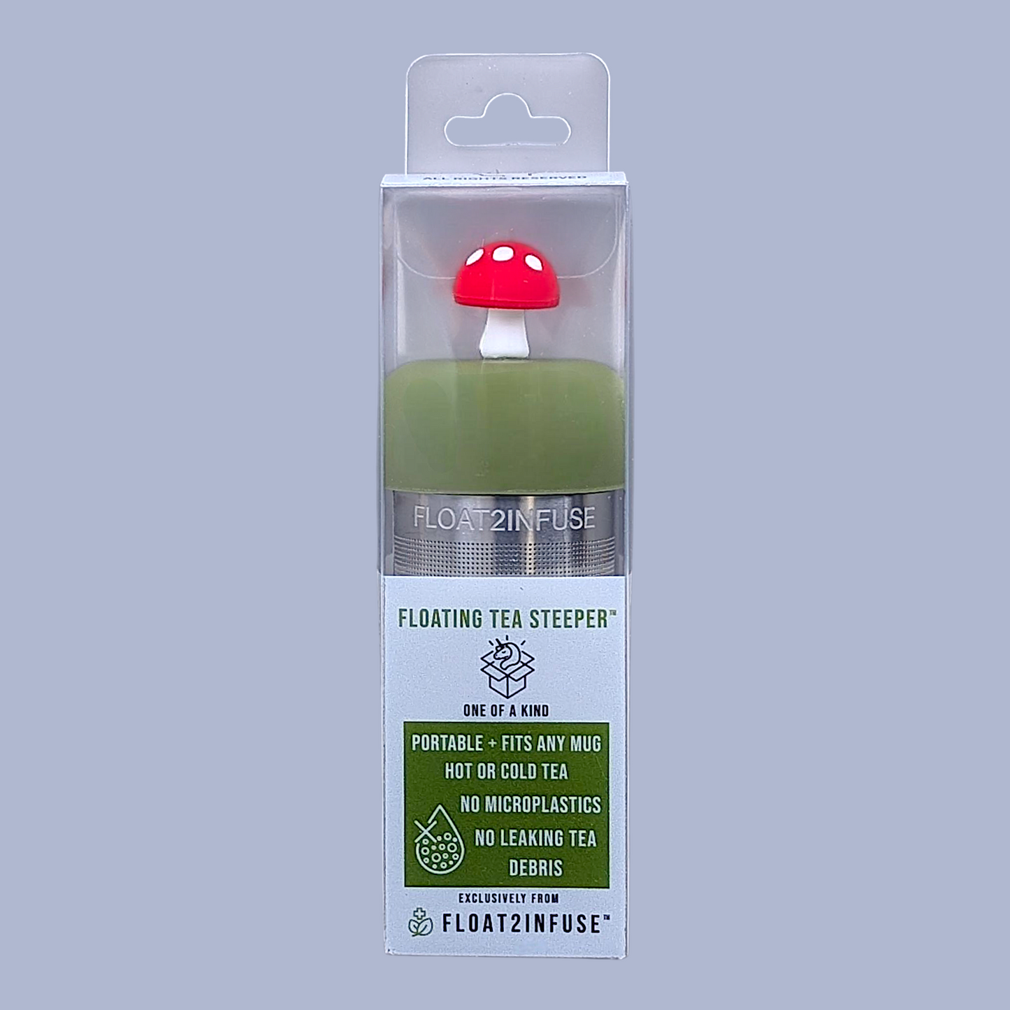floating red mushroom tea infuser gift box front side view