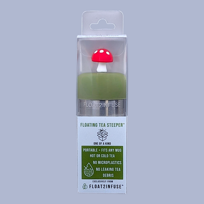 floating red mushroom tea infuser gift box front side view