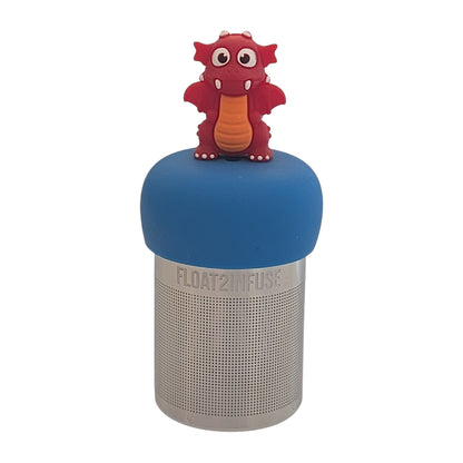 red dragon animal tea infuser for loose leaf tea with a fine mesh stainless steel tea strainer that reads FLOAT2INFUSE on a blue base with a white background