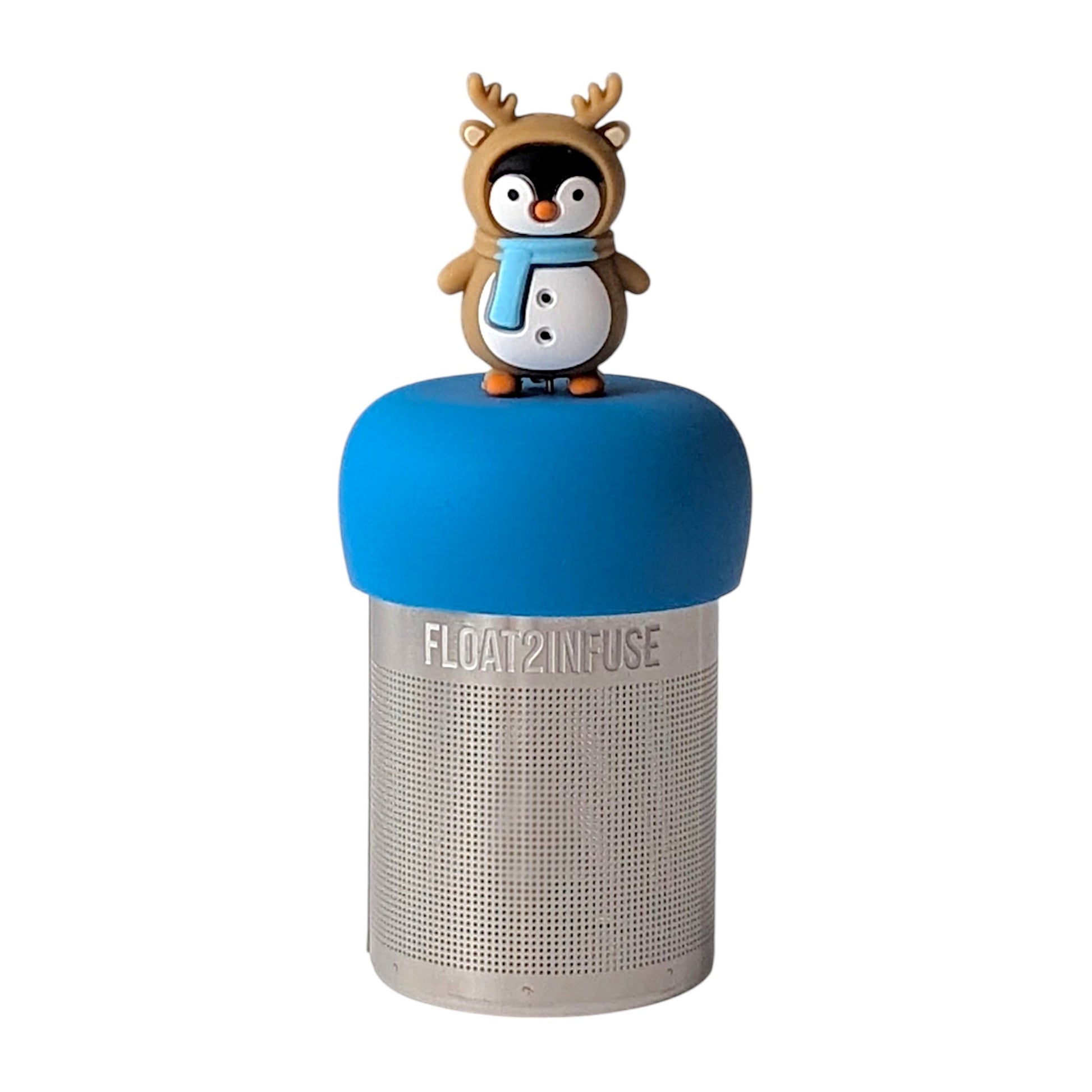 Cute penguin dressed like a reindeer with a blue scarf tea infuser for loose leaf tea with a fine mesh stainless steel tea strainer that reads FLOAT2INFUSE on a blue base with a white background
