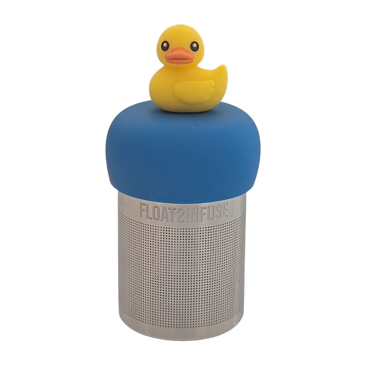 Cute rubber ducky tea infuser for loose leaf tea with a fine mesh stainless steel tea strainer that reads FLOAT2INFUSE on a blue base with a white background