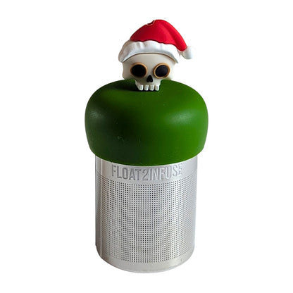 skull with a Santa hat tea infuser for loose leaf tea  with a fine mesh stainless steel tea infuser that reads FLOAT2INFUSE on a dark green base with a white background