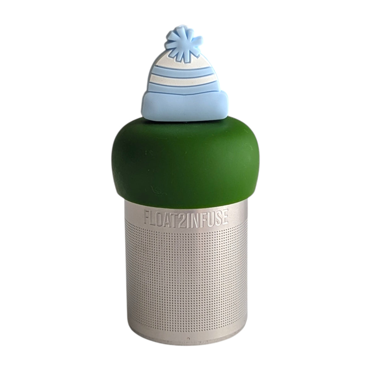 blue and white striped beanie hat tea infuser  for loose leaf tea with fine mesh stainless steel tea strainer that reads FLOAT2INFUSE on a green base with white background