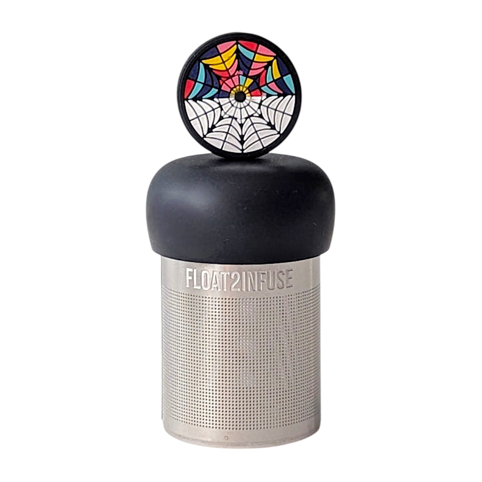 Multicolored spiderweb tea infuser for loose leaf tea with a fine mesh stainless steel tea strainer that reads FLOAT2INFUSE on a black base with a white background