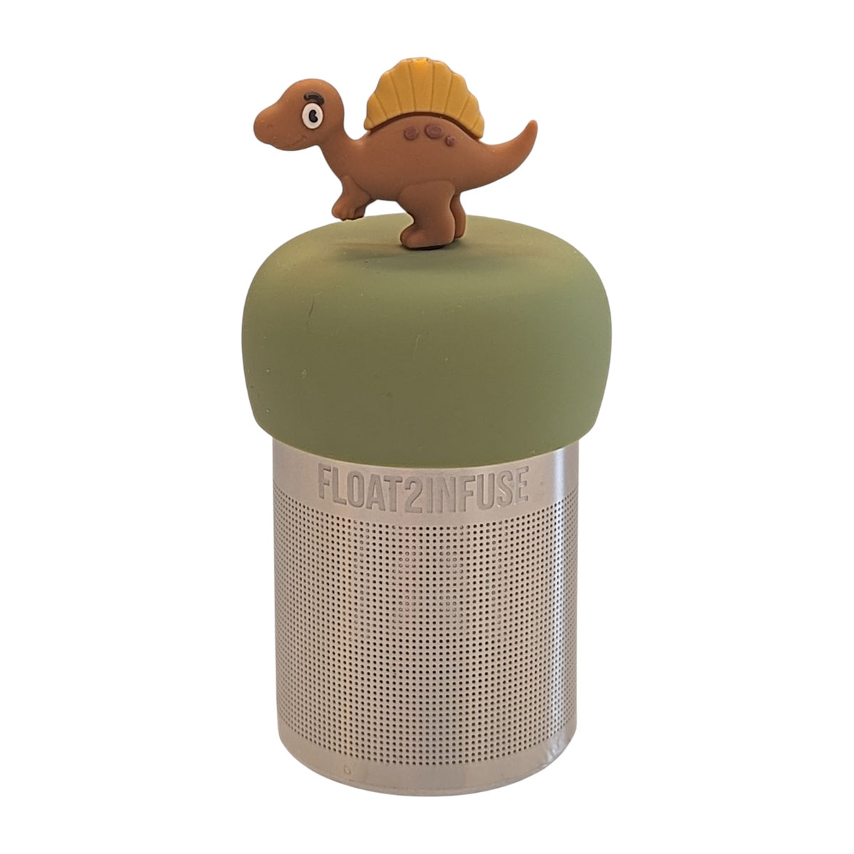 Cute brown spinosaurus dinosaur tea infuser for loose leaf tea with a fine mesh stainless steel tea strainer 
that reads FLOAT2INFUSE on a green base with a white background

