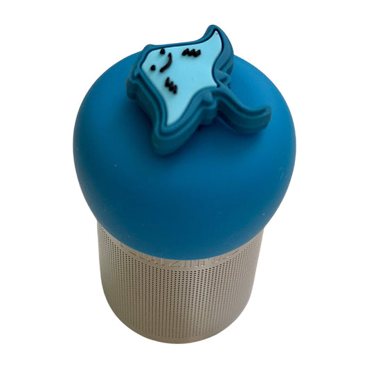 smiling blue stingray s tea infuser for loose leaf tea with a fine mesh stainless steel tea strainer 
that reads FLOAT2INFUSE on a blue base with a white background
