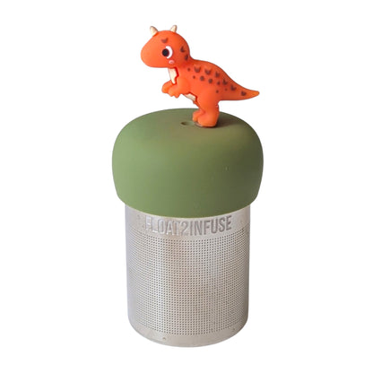 Cute orange t-rex dinosaur tea infuser for loose leaf tea with a fine mesh stainless steel tea strainer that reads FLOAT2INFUSE on a green base with a white background
