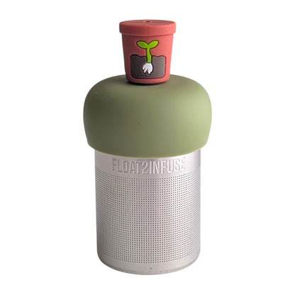 terra cotta pot with s small green sprout on the front tea infuser for loose leaf tea with a fine mesh stainless steel tea strainer 
that reads FLOAT2INFUSE on a green base with a white background
