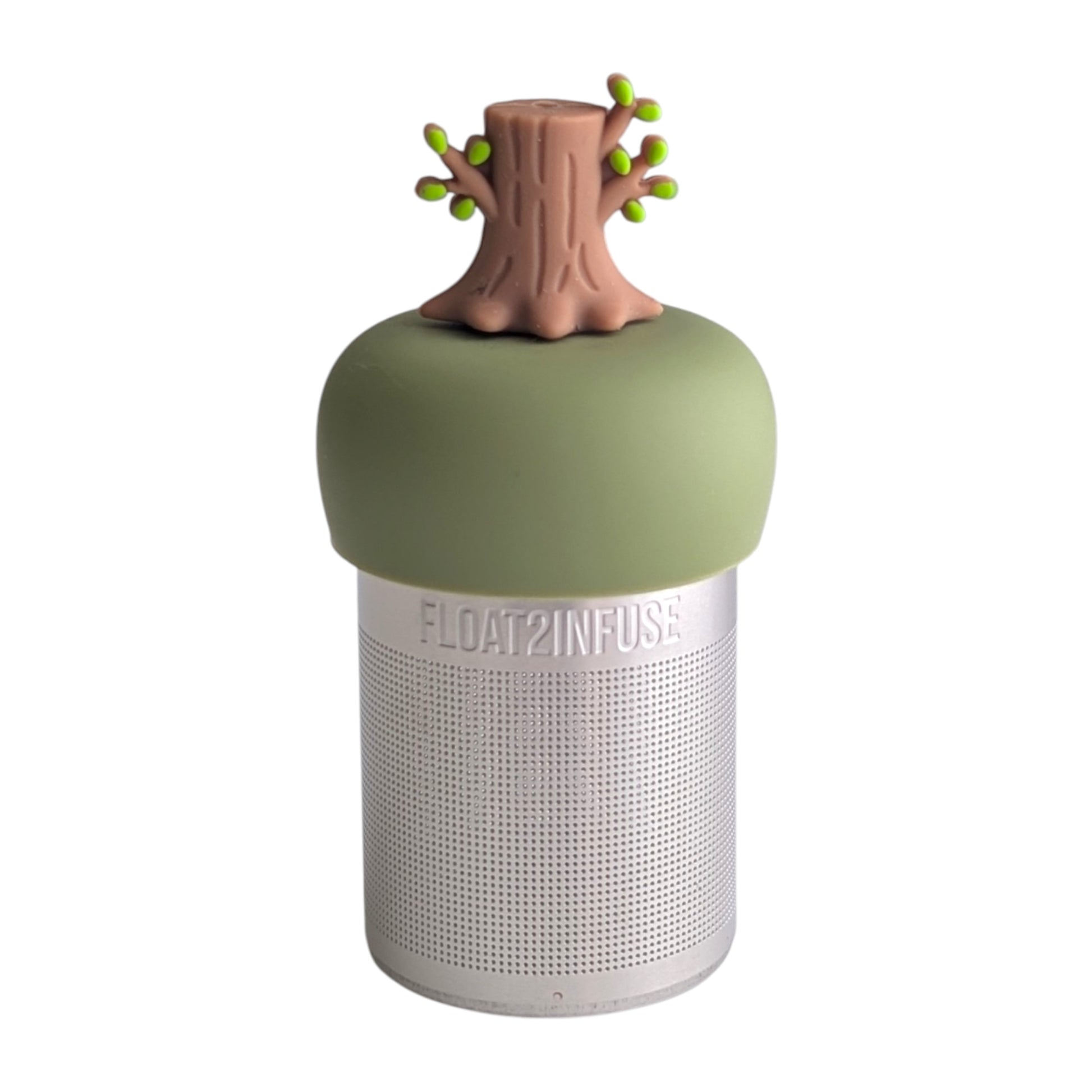 Cute brown tree stump with branches and leave sprouting for both sides tea infuser for loose leaf tea with a fine mesh stainless steel tea strainer 
that reads FLOAT2INFUSE on a green base with a white background
