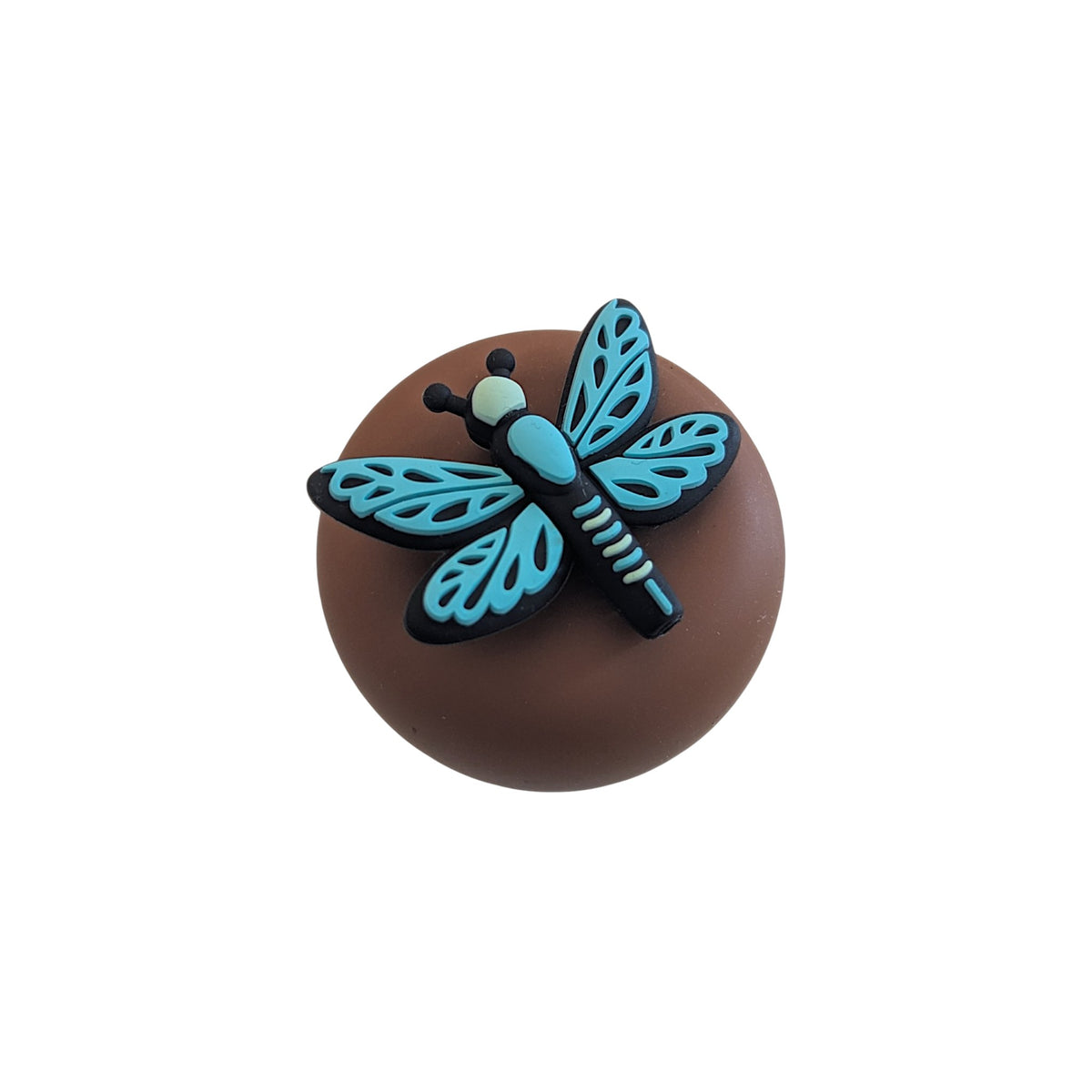 Turquoise dragonfly tea infuser for loose leaf tea with a fine mesh stainless steel tea strainer 
that reads FLOAT2INFUSE on a brown base with a white background
