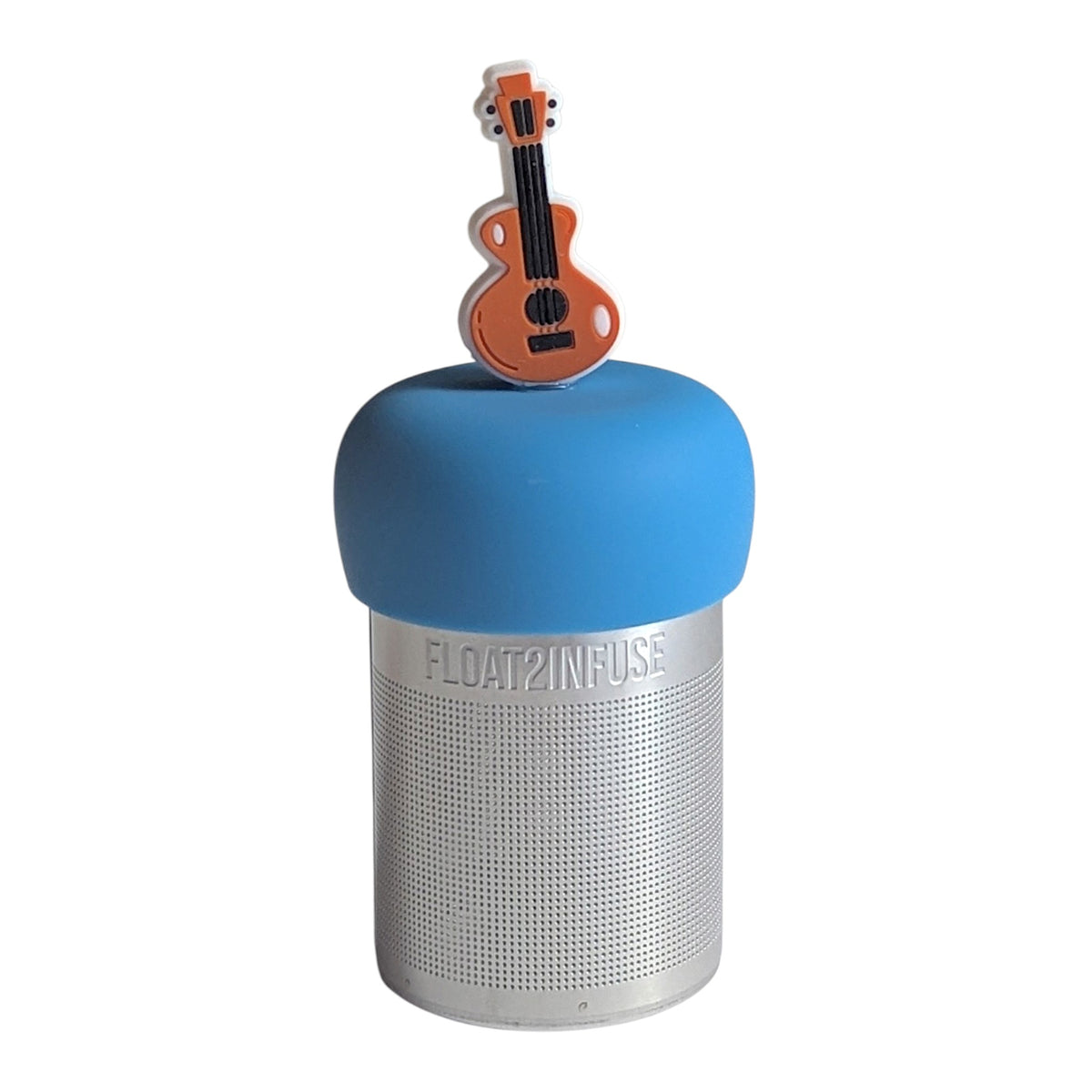 Brown Ukulele tea infuser for loose leaf tea with a fine mesh stainless steel tea strainer that reads FLOAT2INFUSE on a blue base with a  white background

