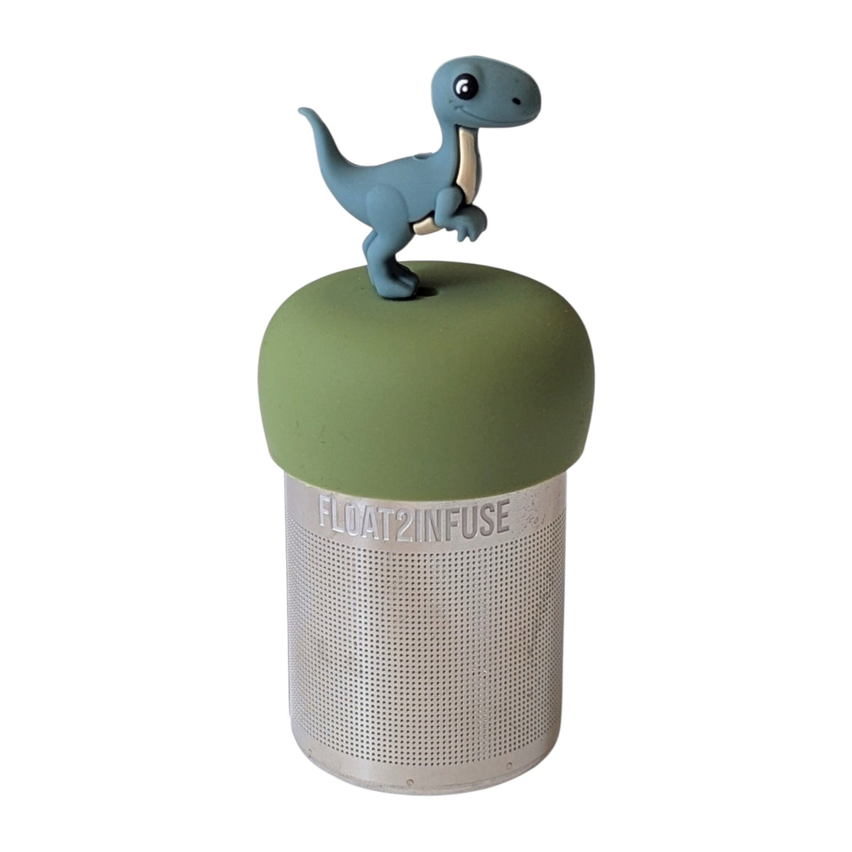 Cute smiling velociraptor dinosaur tea infuser for loose leaf tea with a fine mesh stainless steel tea strainer 
that reads FLOAT2INFUSE on a green base with a white background