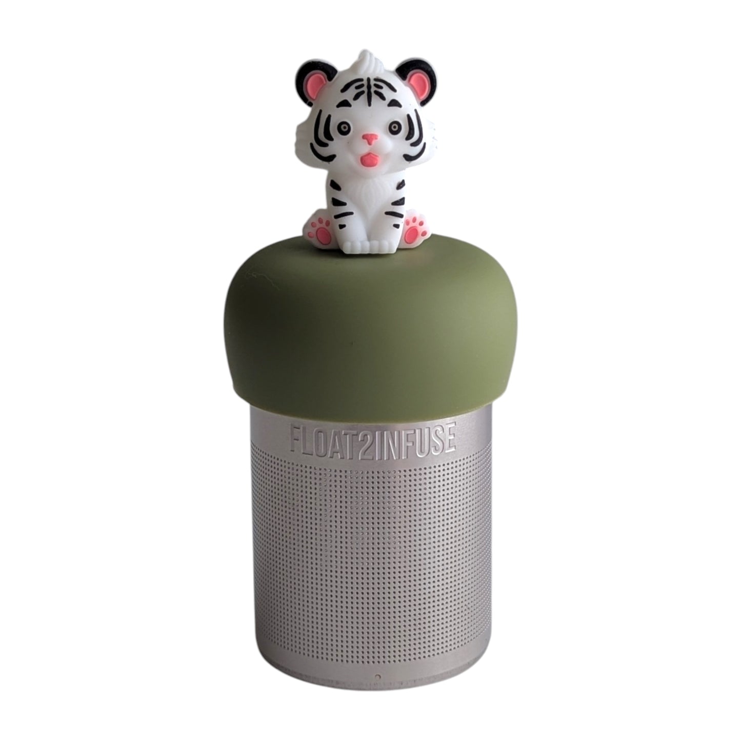 Cute white tiger tea infuser for loose leaf tea with a fine mesh stainless steel tea strainer 
that reads FLOAT2INFUSE on a green base with a white background

