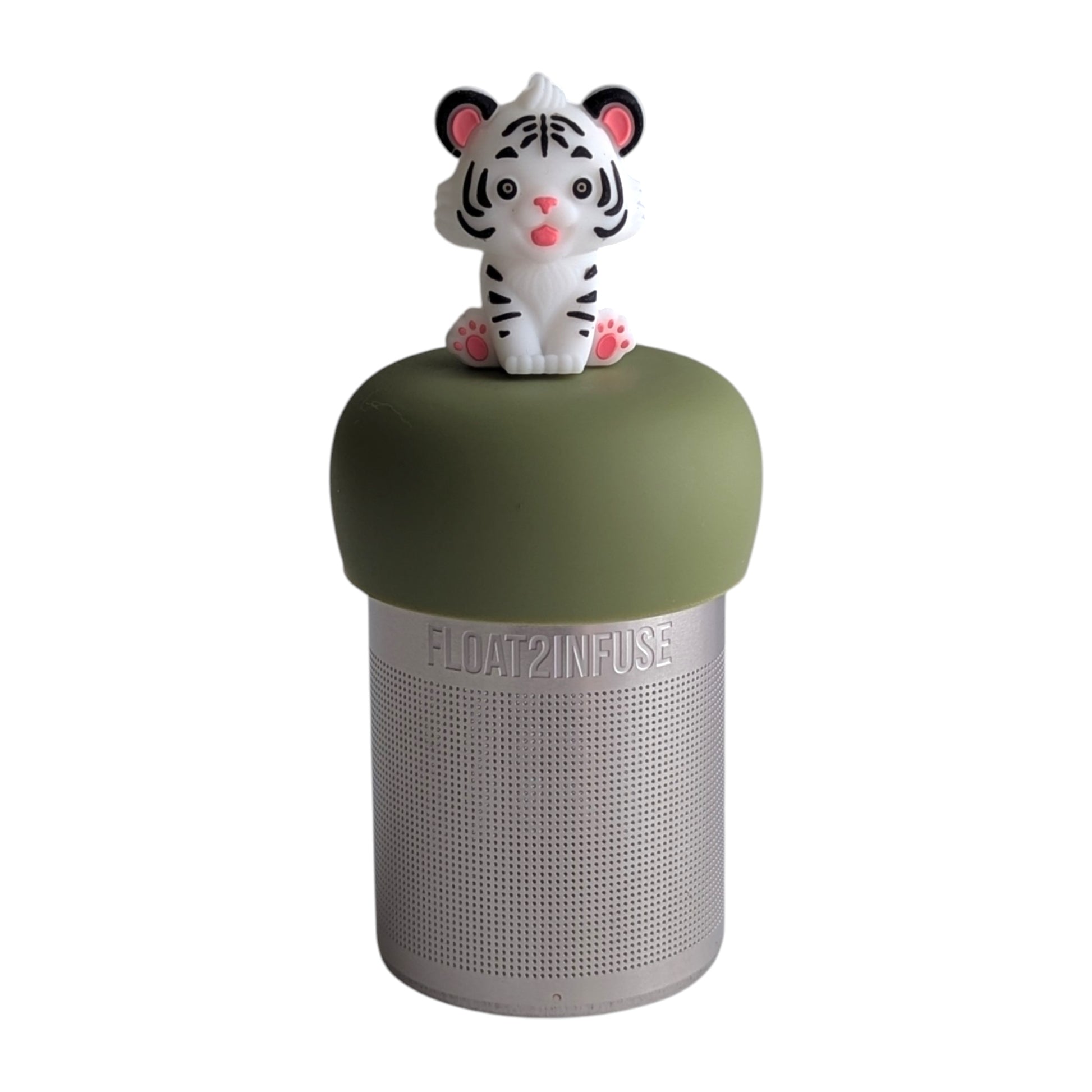Cute white tiger tea infuser for loose leaf tea with a fine mesh stainless steel tea strainer 
that reads FLOAT2INFUSE on a green base with a white background
