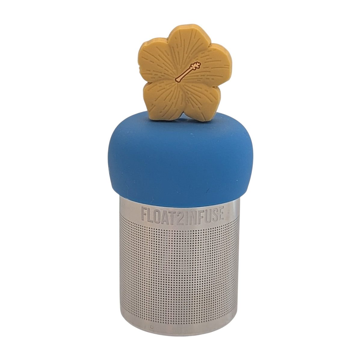 Yellow hibiscus flower tea infuser for loose leaf tea with a fine mesh stainless steel tea strainer 
that reads FLOAT2INFUSE on a blue base with a white background
