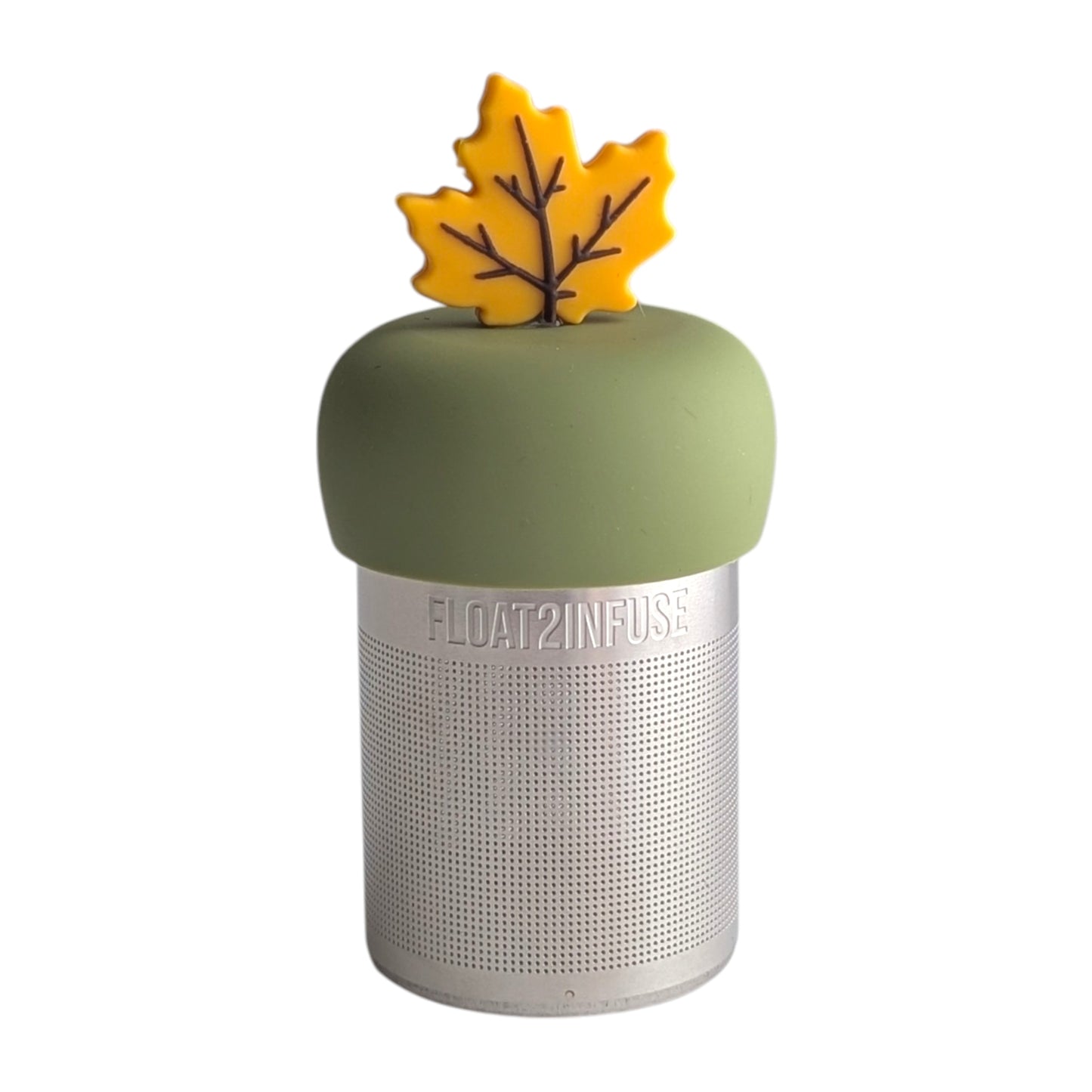 Fall yellow maple leaf tea infuser for loose leaf tea with a fine mesh stainless steel tea strainer 
that reads FLOAT2INFUSE on a green base with a white background
