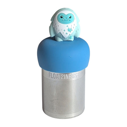 Cute white and blue snow yeti tea infuser for loose leaf tea with a fine mesh stainless steel tea strainer that reads FLOAT2INFUSE on a blue base with a  white background

