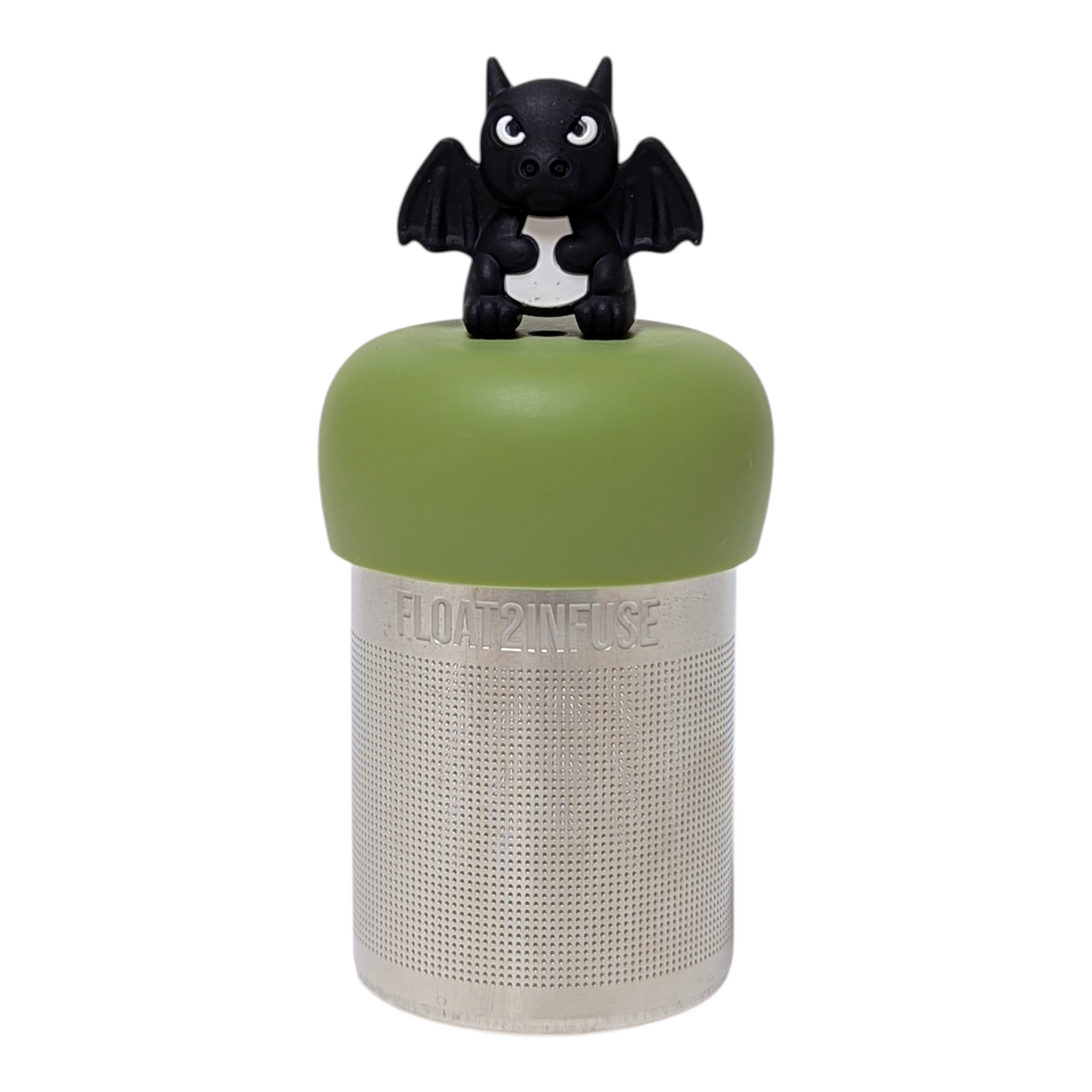 Winged black dragon tea infuser  for loose leaf tea with a fine mesh stainless steel tea strainer that reads FLOAT2INFUSE on a green base with a white background