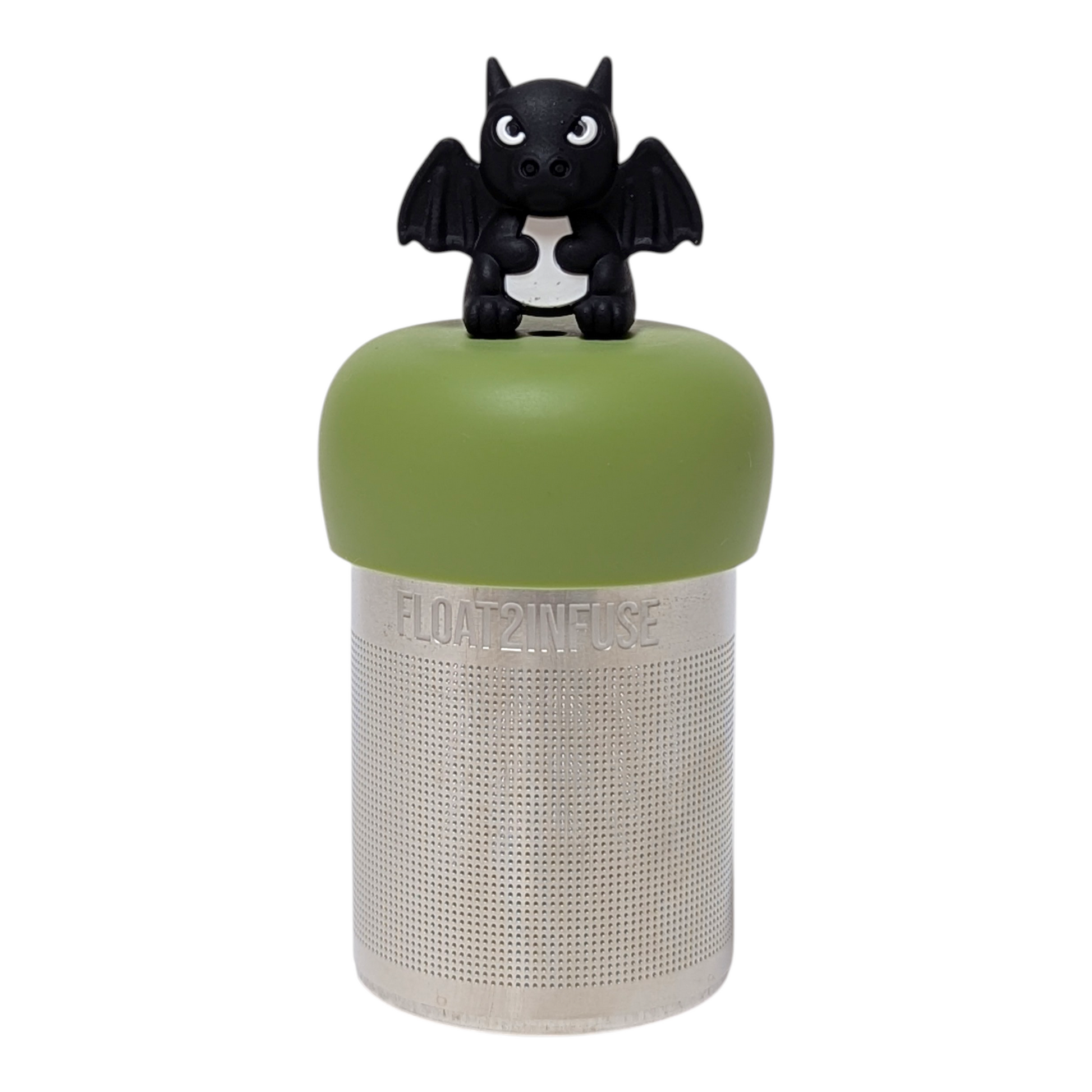 Winged black dragon tea infuser  for loose leaf tea with a fine mesh stainless steel tea strainer that reads FLOAT2INFUSE on a green base with a white background