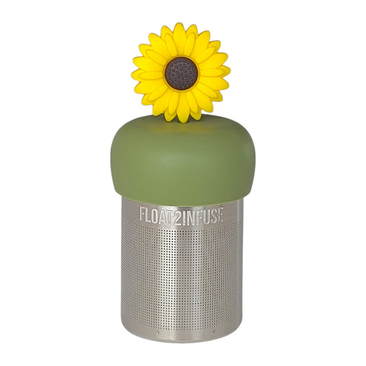 Yellow sunflower tea infuser with a green base for loose leaf tea with a fine mesh stainless steel tea strainer that reads FLOAT2INFUSE with a white background