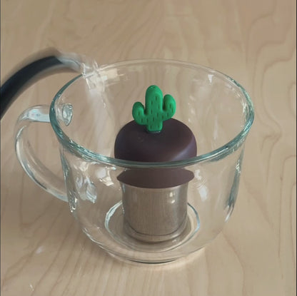 Green Saguaro Cactus Floating Tea Steeper I Brown Base