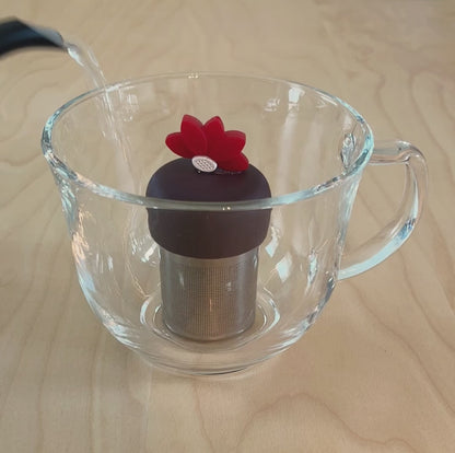 Bright Red Lotus Flower Floating Tea Steeper I Brown Base