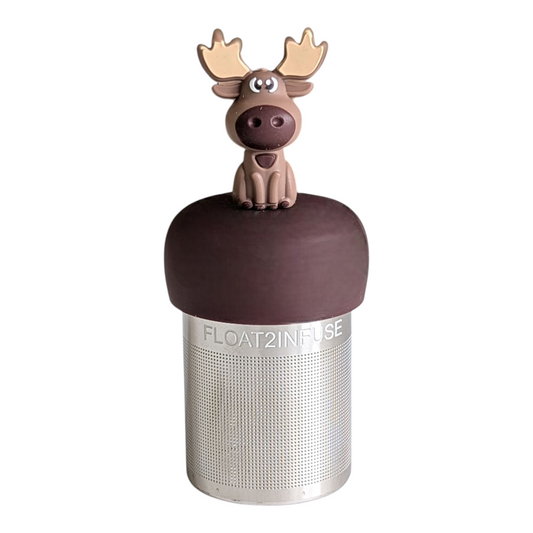 Moose-shaped tea infuser with a brown top on a white background