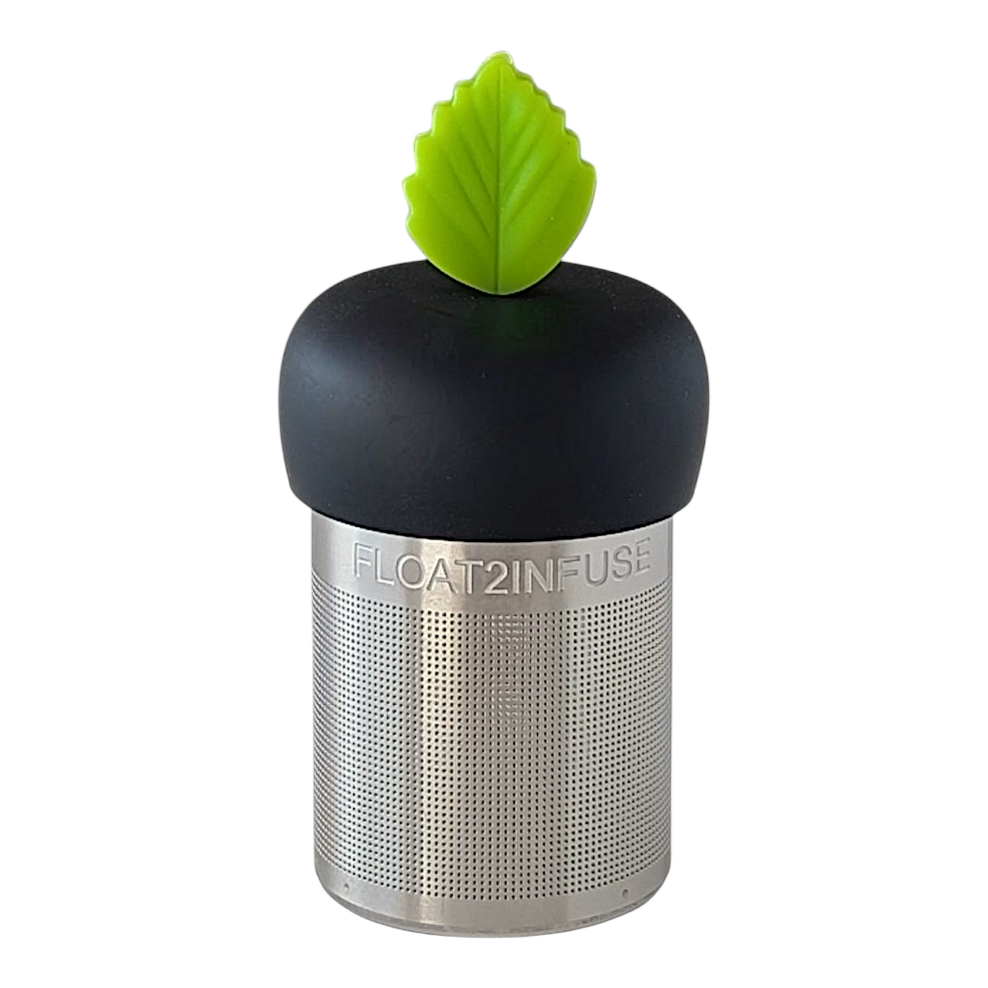  Bright green leaf tea infuser with a black base for loose leaf tea with a fine mesh stainless steel tea strainer that reads FLOAT2INFUSE with a white background