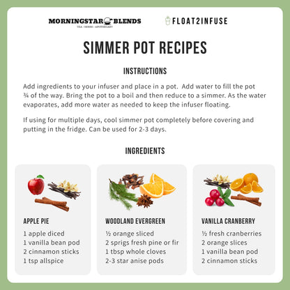 Simmer pot recipes with ingredients and instructions on a white background