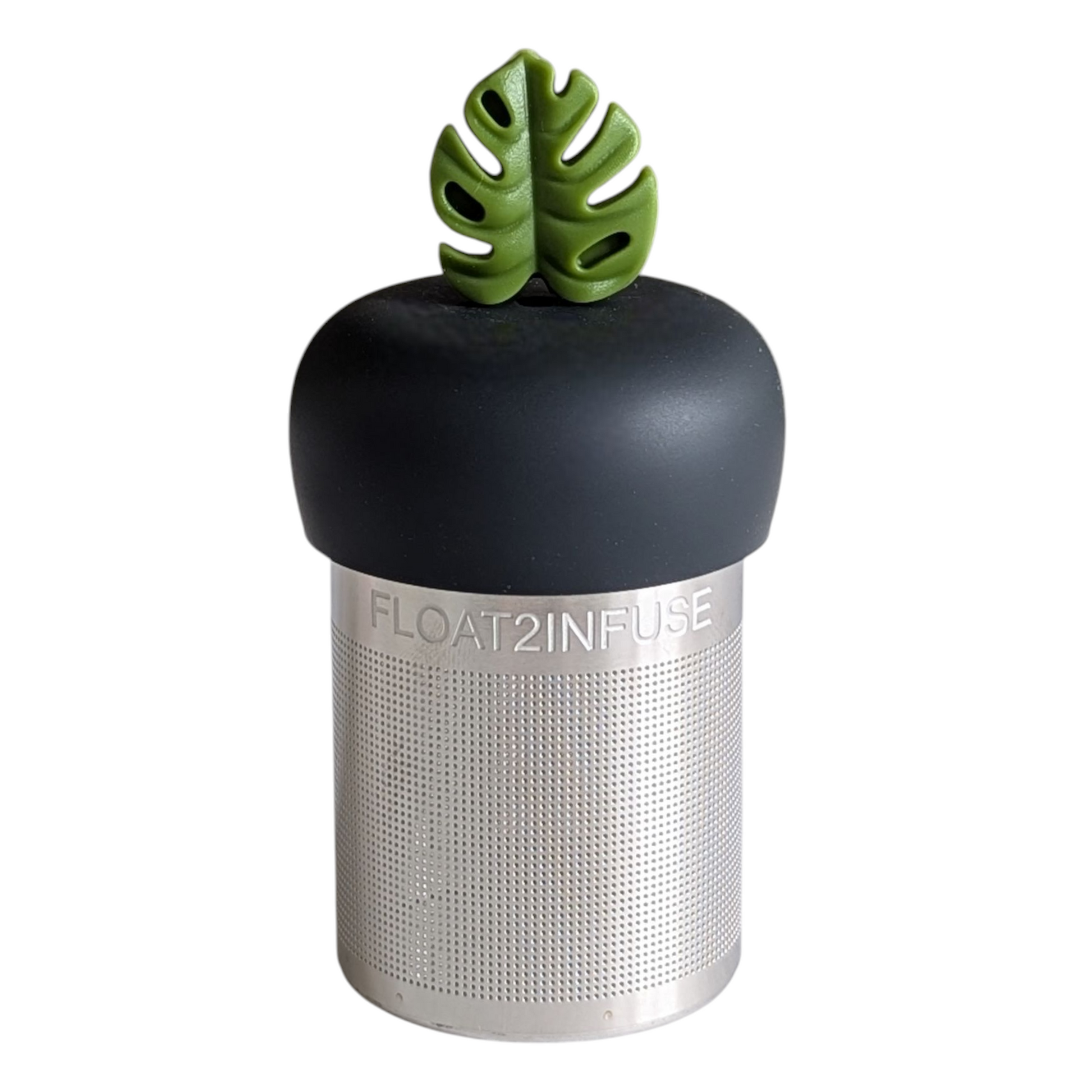 army green monstera leaf tea infuser for loose leaf tea with a fine mesh stainless steel tea strainer that reads FLOAT2INFUSE on a black base with a white background