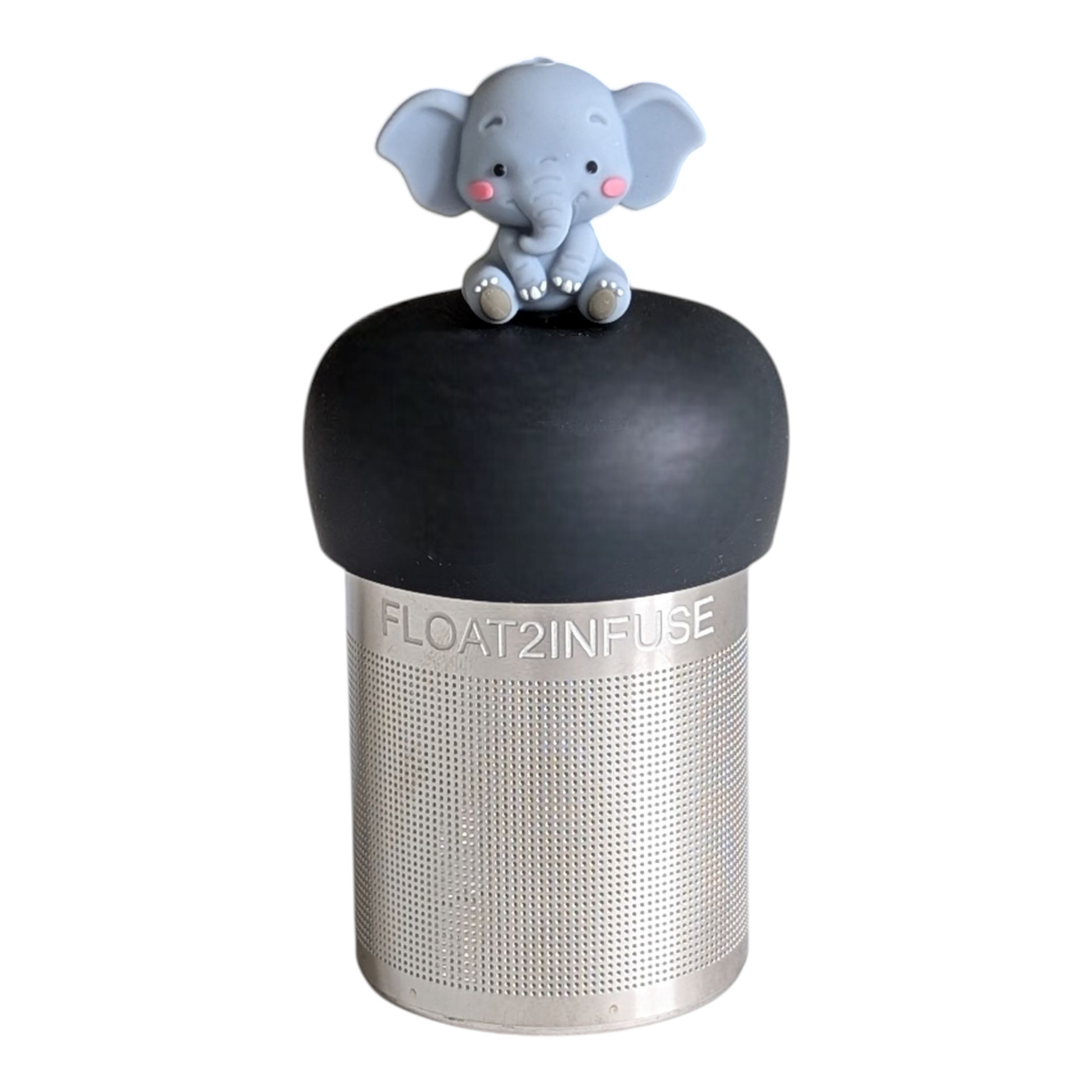 baby elephant animal tea infuser for loose leaf tea with a fine mesh stainless steel tea strainer that reads FLOAT2INFUSE on a black base with a white background