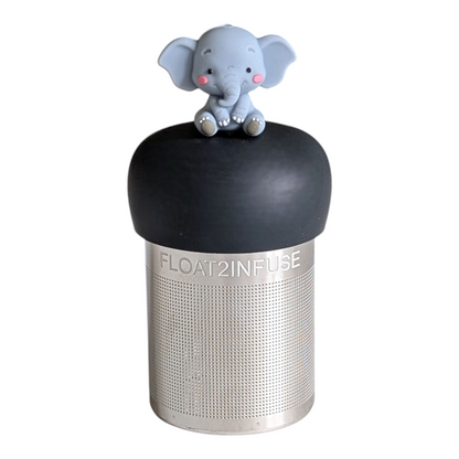 baby elephant animal tea infuser for loose leaf tea with a fine mesh stainless steel tea strainer that reads FLOAT2INFUSE on a black base with a white background