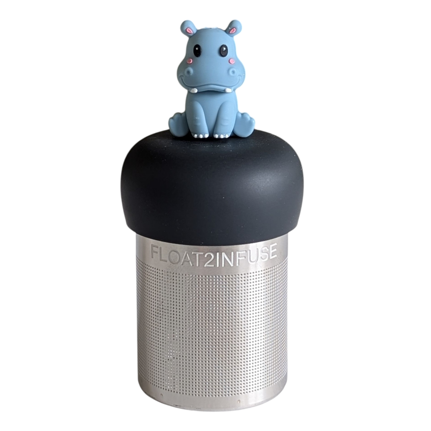 baby hippo animal tea infuser for loose leaf tea with a fine mesh stainless steel tea strainer that reads FLOAT2INFUSE on a black base with a white background