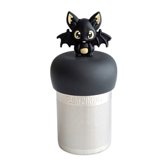 Black bat with outstretched wings tea infuser for loose leaf tea with a fine mesh stainless steel tea strainer 
that reads FLOAT2INFUSE on a black base with a white background