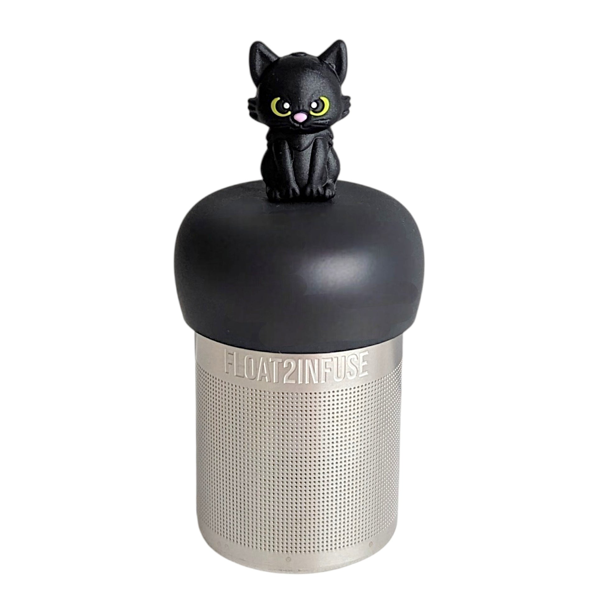 Black cat tea infuser for loose leaf tea with a fine mesh stainless steel tea strainer that reads FLOAT2INFUSE on a black base with a white background

