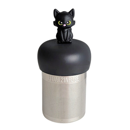 Black cat tea infuser for loose leaf tea with a fine mesh stainless steel tea strainer that reads FLOAT2INFUSE on a black base with a white background
