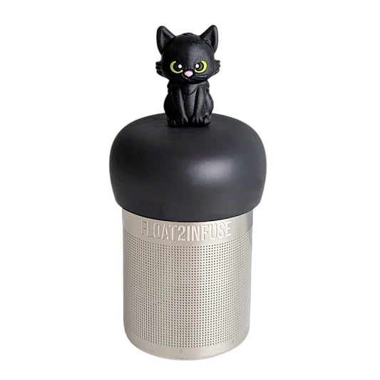 Black cat tea infuser for loose leaf tea with a fine mesh stainless steel tea strainer that reads FLOAT2INFUSE on a black base with a white background
