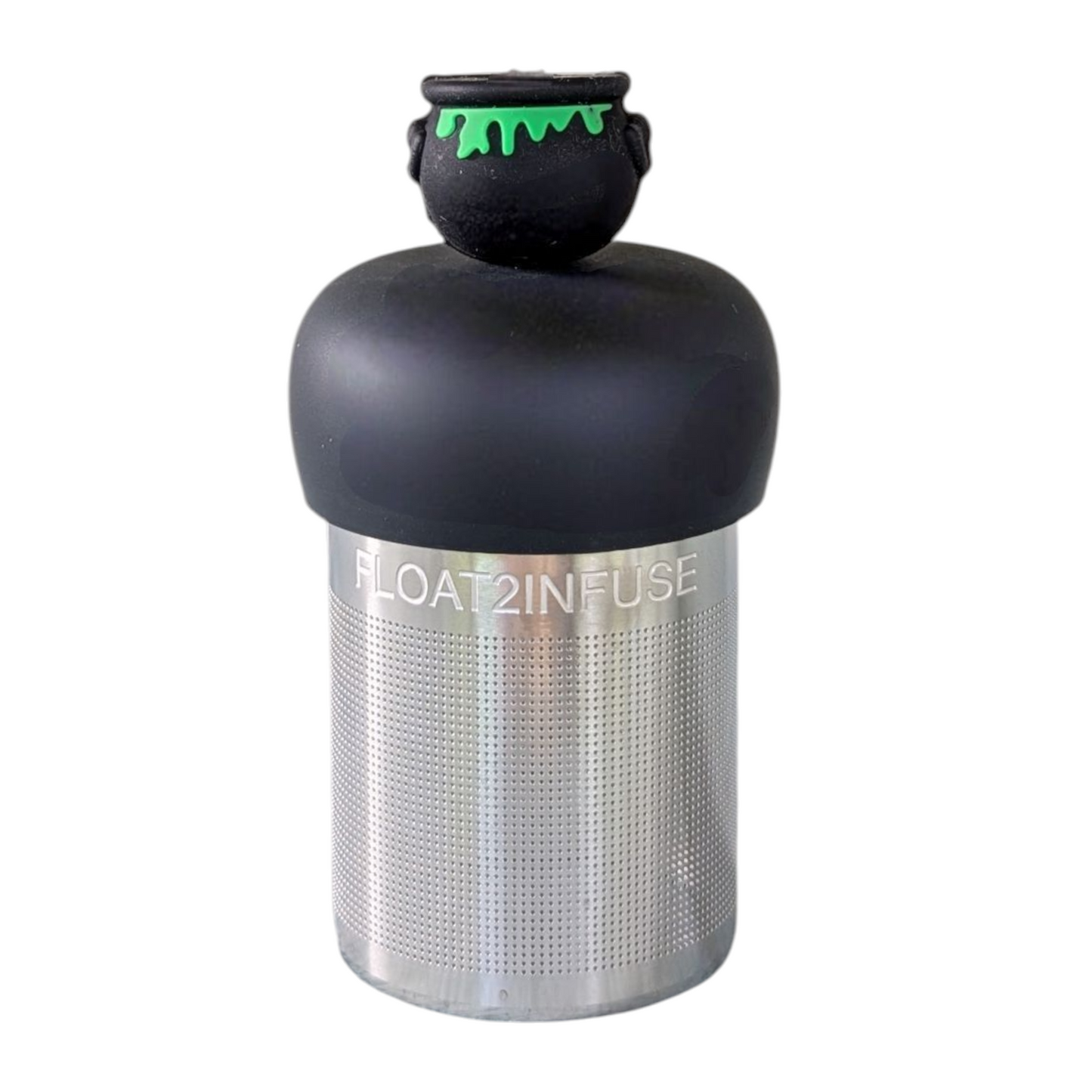 back view of a black cauldren with green ooze bubbling over tea infuser for loose leaf tea with a fine mesh stainless steel tea strainer that reads FLOAT2INFUSE on a black base  with a white background