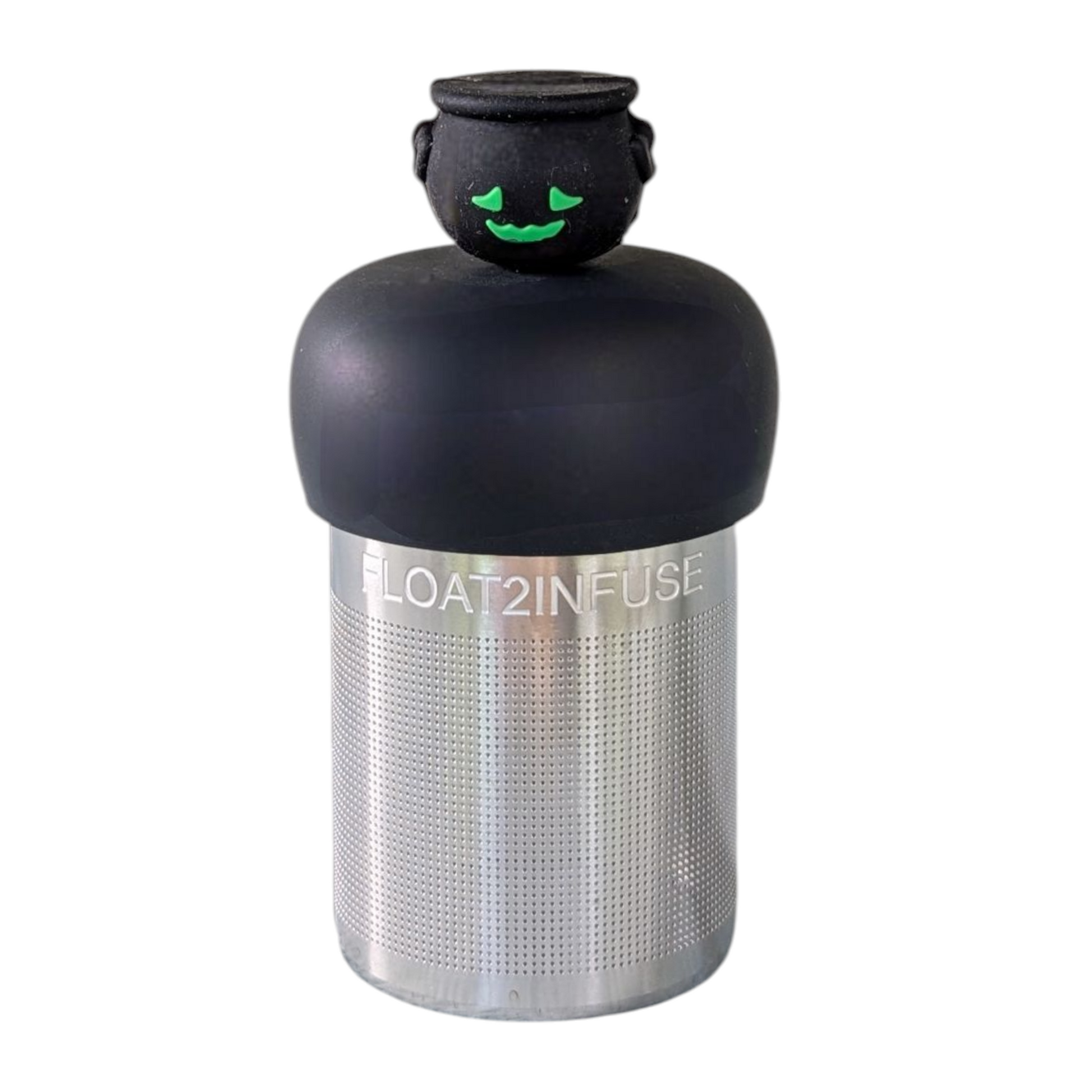 Front view of a black cauldron with a green smiling face tea infuser for loose leaf tea with a fine mesh stainless steel tea strainer that reads FLOAT2INFUSE on a black base  with a white background