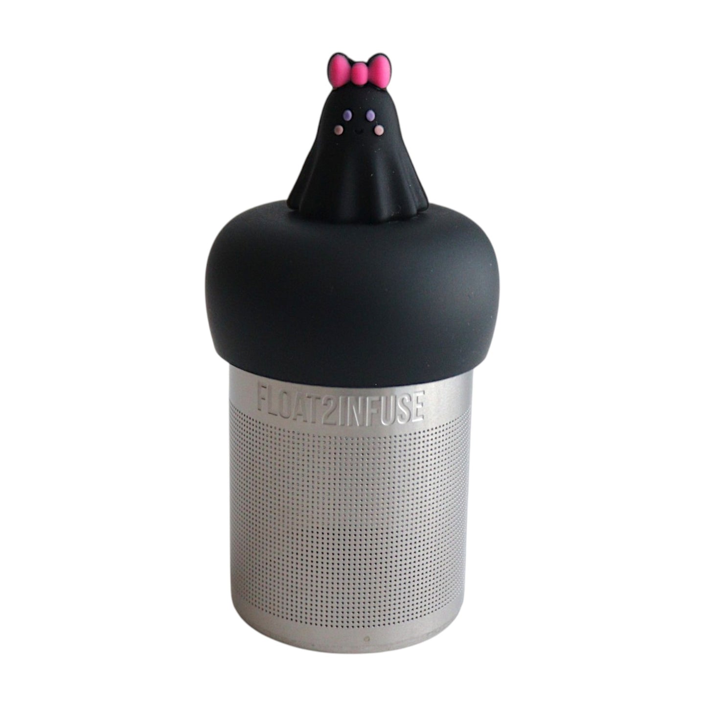 Black ghost with a pink bow tea infuser for loose leaf tea with a fine mesh stainless steel tea strainer that reads FLOAT2INFUSE on a black base with a white background
