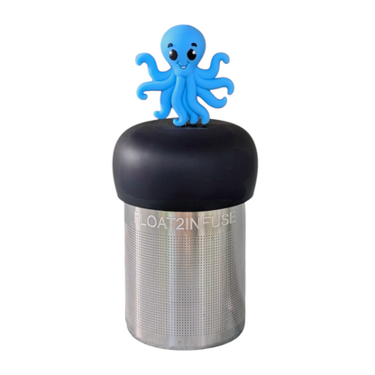 Blue octopus tea infuser for loose leaf tea with a fine mesh stainless steel tea strainer that reads FLOAT2INFUSE on a black base  with a white background