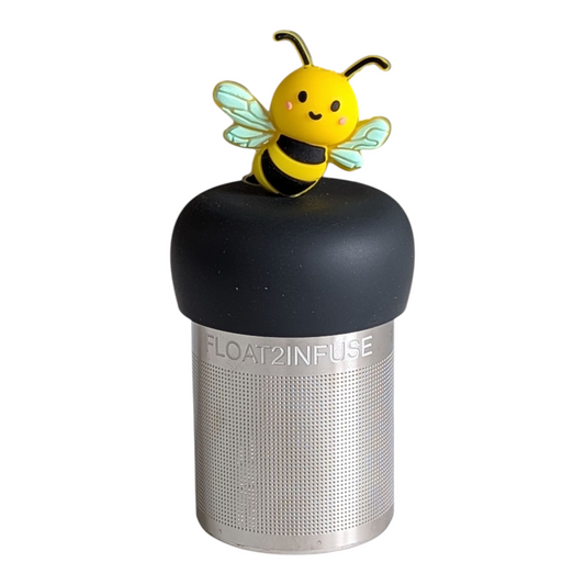 yellow bumblebee animal tea infuser for loose leaf tea with a fine mesh stainless steel tea strainer that reads FLOAT2INFUSE on a black base with a white background