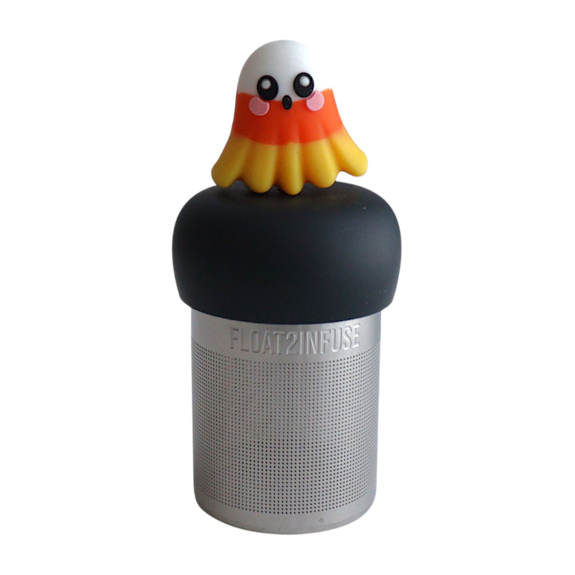 candy corn ghost tea infuser for loose leaf tea  with a fine mesh stainless steel tea infuser on a black base with a white background