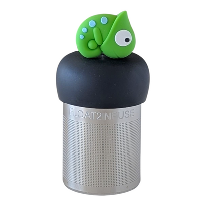 green chameleon animal tea infuser for loose leaf tea with a fine mesh stainless steel tea strainer that reads FLOAT2INFUSE on a black base with a white background
